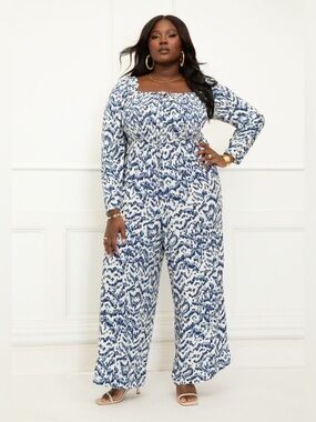 Eloquii Elements Graphic Print Wide Leg Jumpsuit Sz 20 Smocked Boho Squared Neck